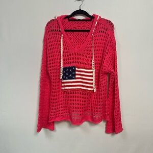 POL Pink Crochet Sweater with American Flag